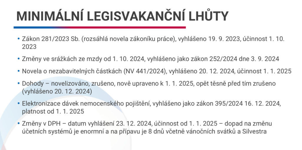 Přehled legisvakančních lhůt vybraných zákonů. Zdroj: SOCR