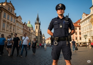 Pražský strážník podle umělé inteligence AI Gemini. Šortky jsou vidět po rozkliknutí. Foto: AI Gemini