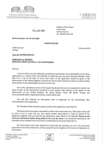 Dopis od ESLP, ve kterém soud konstatuje, že dokončil předběžné vyšetřování a obrací se na britskou vládu.